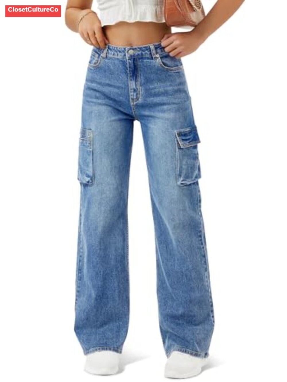 High Waisted Cargo Jeans Wide Leg Straight 6 Pockets Slight Stretch Denim